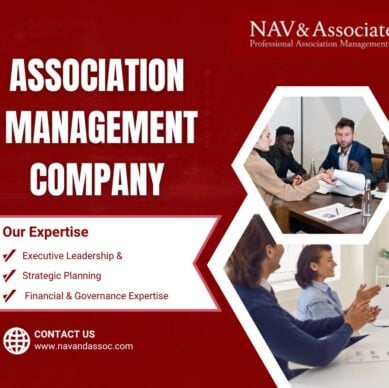 ### Key Elements

#### Main Subjects
- Business professionals engaged in discussions.
- A presenter addressing an audience.

#### Objects
- Conference table and chairs.
- Presentation materials (likely a projector or screen).

#### Notable Features
- Company branding: NAV & Associates LLC.
- Text highlighting expertise areas: Executive Leadership, Strategic Planning, Financial & Governance Expertise.

#### Symbols
- Checkmarks indicating areas of expertise.

### Overall Mood/Theme
The image conveys a professional and collaborative atmosphere, emphasizing expertise in association management. The use of bold text and a clean layout suggests confidence and reliability in the services offered.