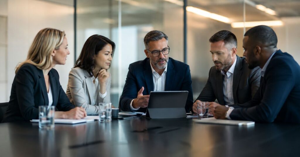 Association management team discussing strategy