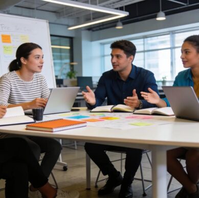 Diverse professionals collaborating on a conference planning timeline